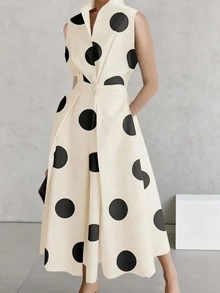 2025春秋新款休闲时尚通勤简约波点V领长款喇叭连衣裙，适合女性穿着，秋季，秋装，女士秋季连衣裙，女士秋季套装，秋季服装，商务休闲女装，商务休闲，复古女装，复古服装，商务休闲女装，女士办公室套装，女士职业装