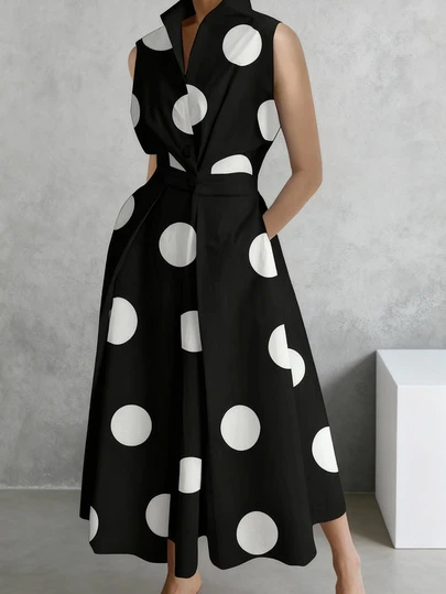 2025春秋新款休闲时尚通勤简约波点V领长款喇叭纽扣连衣裙，适合女性，秋季，秋装，女士秋季连衣裙，女士秋季套装，秋季服装，商务休闲女装，商务休闲，复古女装，复古服装，商务休闲女装，女士办公室套装，女士职业装