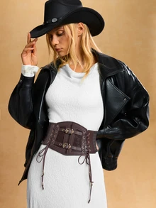 Tropiscape 1条女士棕色朋克风PU皮革弹力腰带，适合圣诞派对、聚会或日常穿着，圣诞礼物之选 - 棕色 - 查看 9