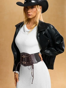 Tropiscape 1条女士棕色朋克风PU皮革弹力腰带，适合圣诞派对、聚会或日常穿着，圣诞礼物之选 - 棕色 - 查看 8