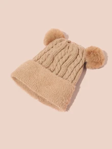 Hatastic Korean Style Women Winter Cute Fuzzy Ball Knitted Hat, Vintage Thick Twist Plush Trim Earwarmer Cap, Solid Color Casual Elegant Boho Chic Street Wear, Polyester, Autumn/Winter Gifts - Hat - View 2