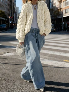 女秋冬时尚休闲通勤罗纹宽松短款开衫，流行款式手工粗针钩织加厚，通勤简约办公室装 - 米色 - 查看 2