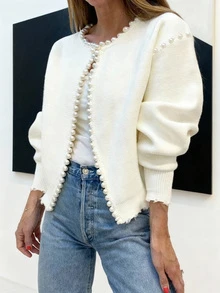 Solid Plain Print Pearl Beaded Trim Decor Crew Neck Bubble Lantern Sleeve Frayed Hem Knit Cardigan For Date Daily Commuter Spring Holiday White - White - View 2