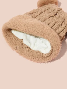 Hatastic Korean Style Women Winter Cute Fuzzy Ball Knitted Hat, Vintage Thick Twist Plush Trim Earwarmer Cap, Solid Color Casual Elegant Boho Chic Street Wear, Polyester, Autumn/Winter Gifts - Hat - View 4