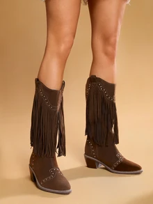 Tropiscape 2025秋冬女士中筒靴，尖头，粗跟，百搭时尚流苏铆钉V型开口酷炫西部靴，圣诞礼物 - 棕色 - 查看 2