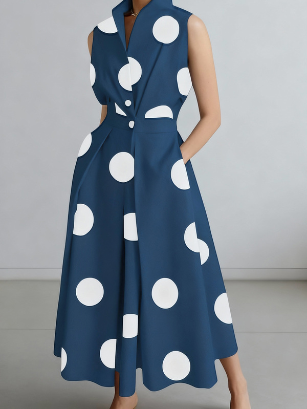 2025 Spring/Autumn New Casual Chic Commuter Minimalist Polka Dot V-Neck Long Flared Button Dress For Women, Autumn, Autumn Wear, Women's Autumn Dress, Women's Autumn Outfit, Autumn Clothing, Business Casual Women's Wear, Business Casual, Retro Women's Wear, Retro Clothing, Business Casual Women's Wear, Women's Office Outfit, Women's Work Attire