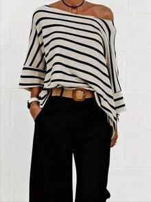 Women's Casual Striped Batwing Sleeve Asymmetrical Neck T-Shirt, Autumn - Multicolor - View 2