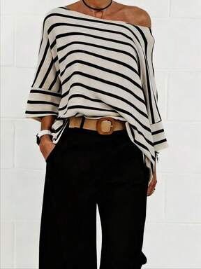 Women's Casual Striped Batwing Sleeve Asymmetrical Neck T-Shirt, Autumn