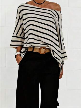 Women's Casual Striped Batwing Sleeve Asymmetrical Neck T-Shirt, Autumn