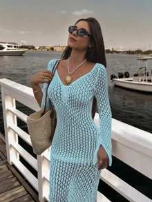 FOR BEAUTY 女士蓝色V领性感镂空长袖针织沙滩罩衫连衣裙，修身剪裁，略微透视，适合海滩、泳池、音乐节、度假等场合。 - 粉紅藍 - 查看 4