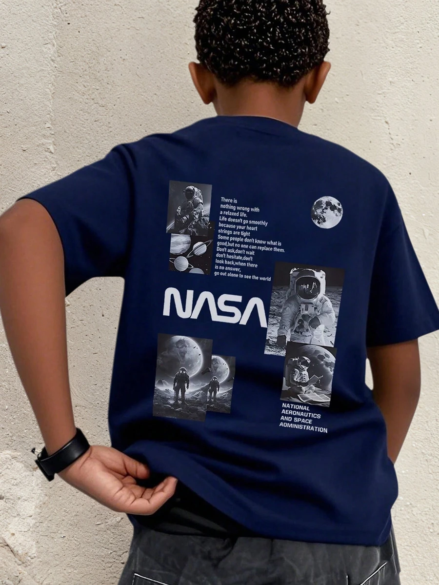 1pc Tween Boy Navy Space Graphic Print Short Sleeve T-Shirt, Summer Tops For Young Students - Navy Blue - View 1