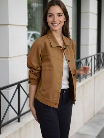 Solid Color Woven Fabric Front Button Pocket Office Home Daily Holiday Party Travel Airport Casual Jacket, Spring/Autumn