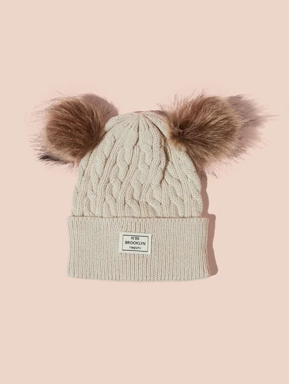 Hatastic 布鲁克林字母标签双绒球针织女帽，户外冬季保暖帽，圣诞礼物