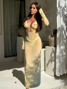 Temptaria 3pcs SS26 New Women's Fashion Bikini Set, Crop Top, Ocean Pearl Decor, Light Yellow, Women's Swimwear Beach Party Outfit Vacation Summer Elegant - Light Yellow - View 6