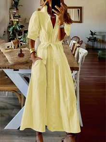女士轻薄衬衫裙，开领纯色宽松衬衫裙，系带泡泡袖，短袖，无弹力，休闲通勤法式简约风格，优雅大方，适合女性度假、毕业季、情人节、独立日、返校季等场合，是馈赠佳品。夏季 - Butter Yellow - 查看 2