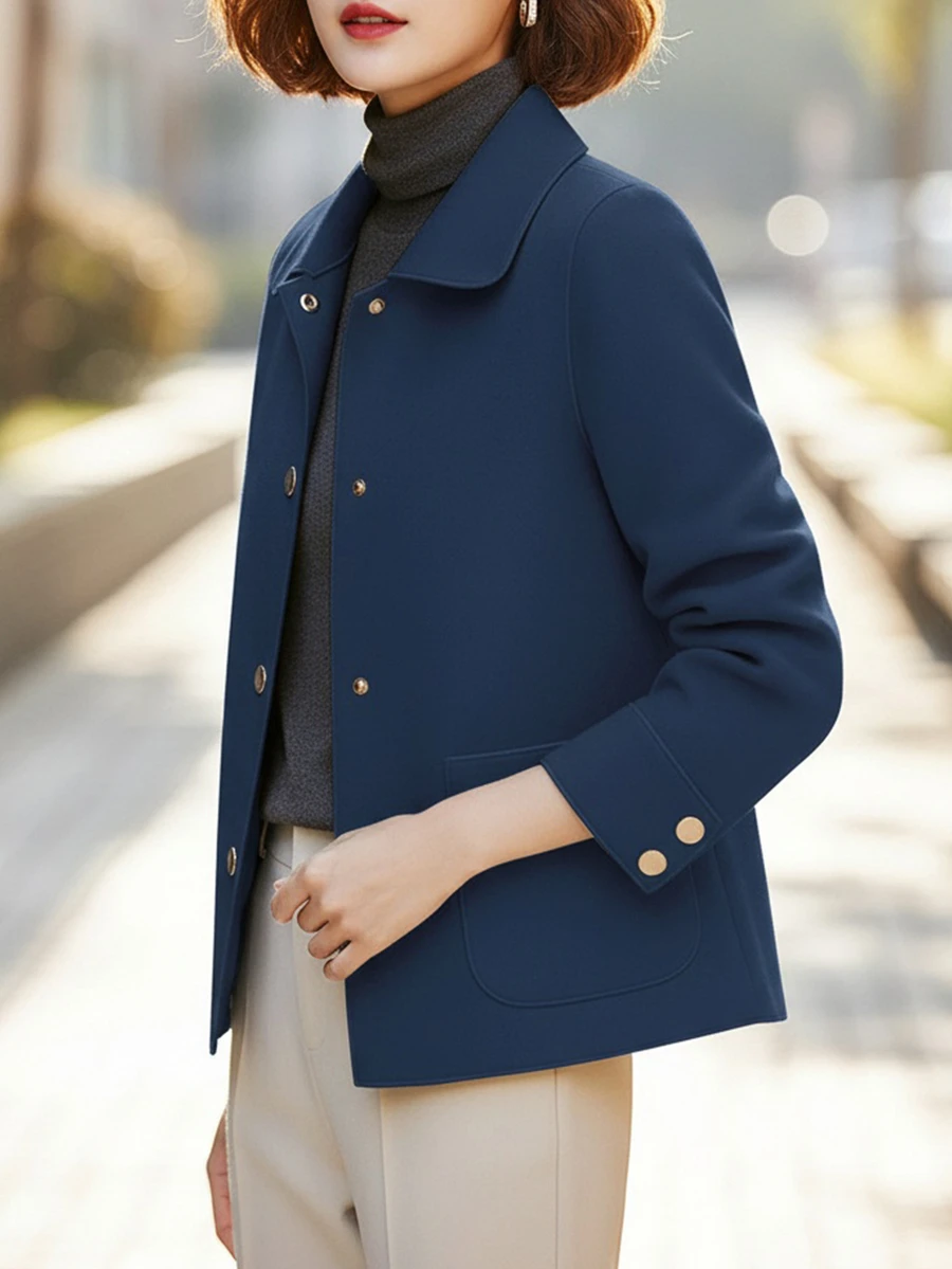 歐美風優雅秋冬女款長袖開襟外套，翻領法式休閒，女款純色大衣秋季