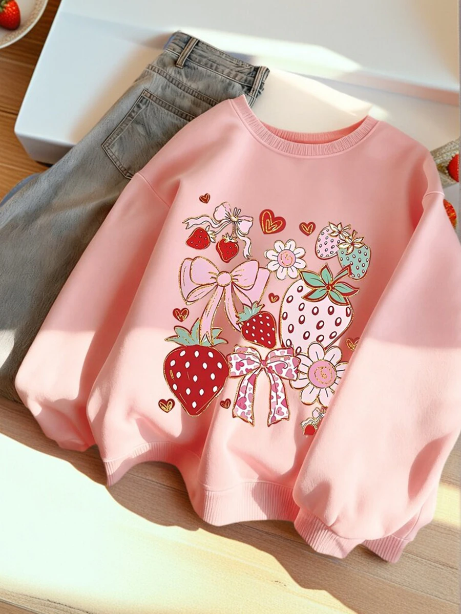 1pc Tween Girl Printed Crew Neck Sweatshirt, Warm For Autumn/Winter, Young Student Casual Long Sleeve Top, Y2K/Fashion/Street/Retro