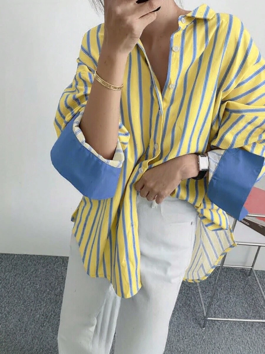 Women's Oversize Striped Button Down Shirt, Yellow Blue Contrast Cuff Loose Blouse, Vintage Casual Long Sleeve Top For Daily & Streetwear - Màu vàng - Xem 1