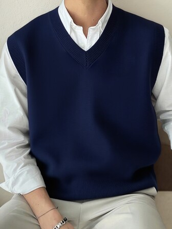 Chaleco de punto de cuello en V para hombre, de unicolor minimalista, estilo clásico, ajuste ceñido, versátil chaleco de punto, para otoño e invierno, parte superior de manga larga