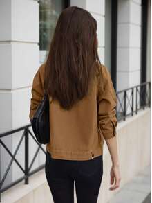 Áo khoác vải dệt trơn màu, túi cài nút phía trước, mặc hàng ngày, đi làm, dự tiệc, du lịch, sân bay, mùa xuân/thu - Màu Khaki - Xem 2