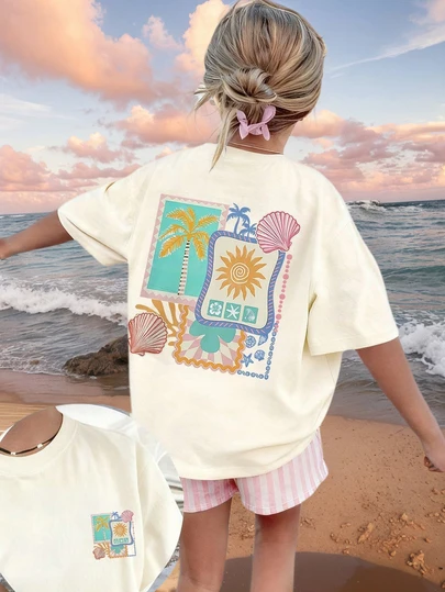 Tween Girls Tropical Summer Graphic Print Short Sleeve T-Shirt, Student Young Children's Wear, Summer Top For Girls Preparing To Play