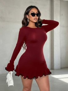 假日风，性感波浪卷边迷你毛衣连衣裙，可爱，街头风，时尚，适合派对休闲场合 - 酒紅色 - 查看 3