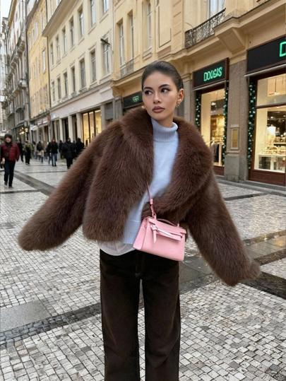 Dámská vánoční vintage luxusní krátká bunda z umělé kožešiny, volná verze, módní topy na podzim/zimu