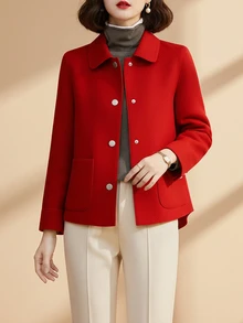 时尚简约女士翻领单排扣高品质短款羊毛大衣，休闲宽松纯色长袖复古优雅风格，可搭配时尚外套，女士冬季羊毛大衣 - 紅色 - 查看 5