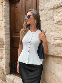 FOR BEAUTY Bộ sưu tập Xuân Hè mới Áo khoác cardigan dệt kim cổ tròn cài nút phong cách tối giản hiện đại, Áo vest len trắng ôm dáng dành cho nữ, thích hợp mặc đi làm/đi làm, dự tiệc tốt nghiệp, trang phục thường ngày dịp năm mới - trắng - Xem 3