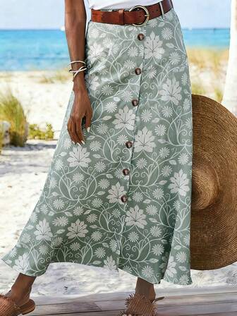 Women Floral Print Single-Breasted Casual A-Line Skirt, For Vacation