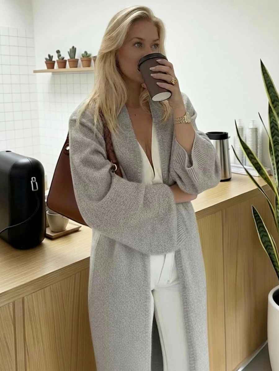 FOR BEAUTY V领宽松开衫，时尚百搭，简约长款针织毛衣外套，灰色开衫，新年必备 - 灰色 - 查看 1