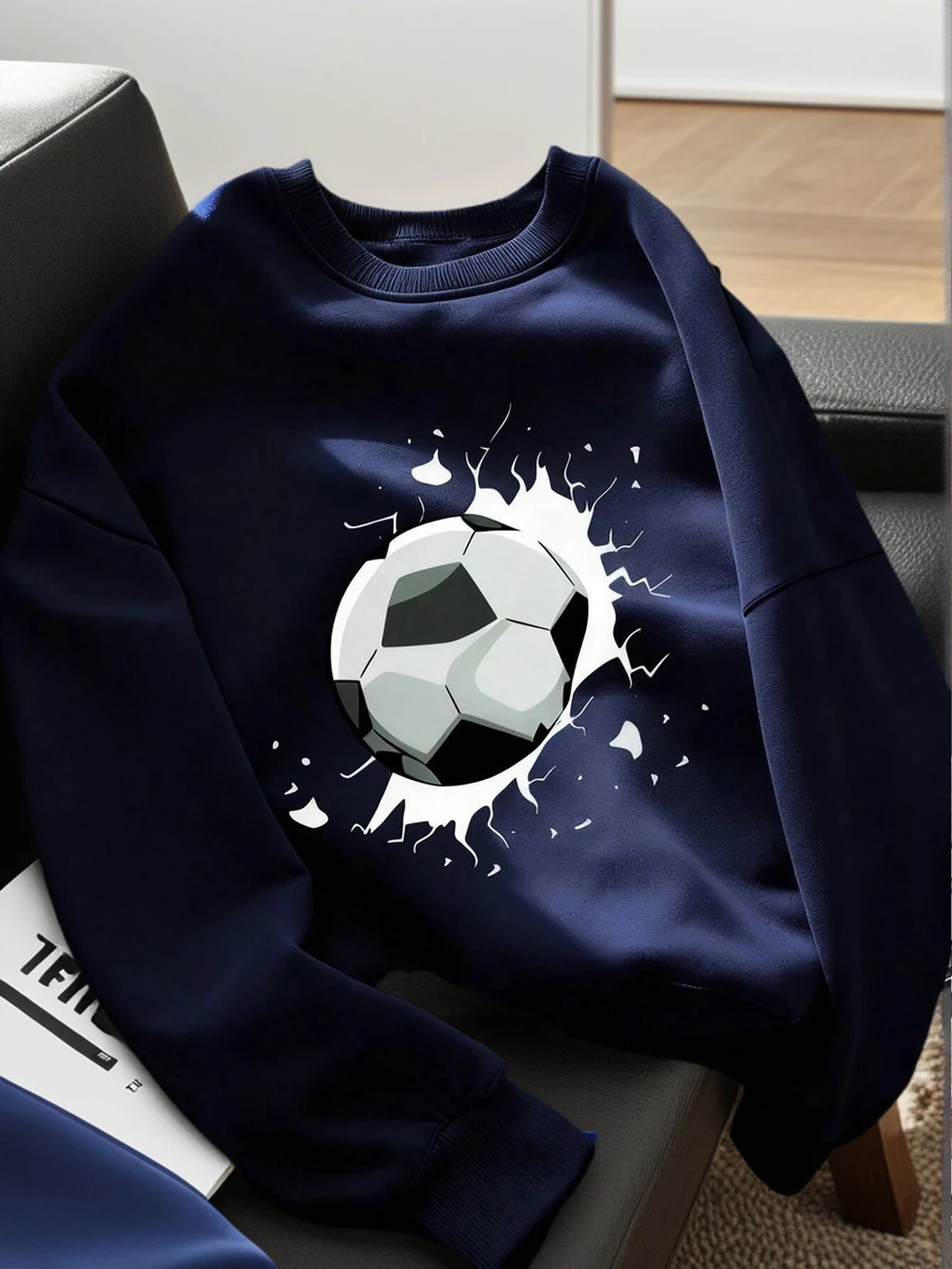 Tween Boy "Football" Print Warm Comfortable Crew Neck Sweatshirt, Suitable For Boys, One-Piece Autumn Top, Young Student Clothing - Navy Blue - View 1
