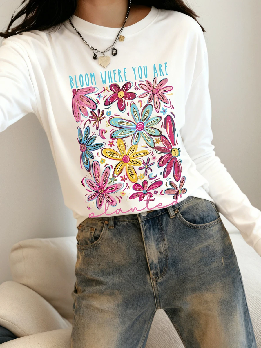 1pc Tween Girl Casual Printed Long Sleeve T-Shirt, Fashionable, Warm And Comfortable Design For Young Students, Spring/Autumn - White - View 1