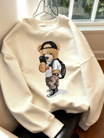 男童小熊印花连帽卫衣，保暖套头衫，适合春季返校，也适合秋冬季节，时尚百搭，街头风。