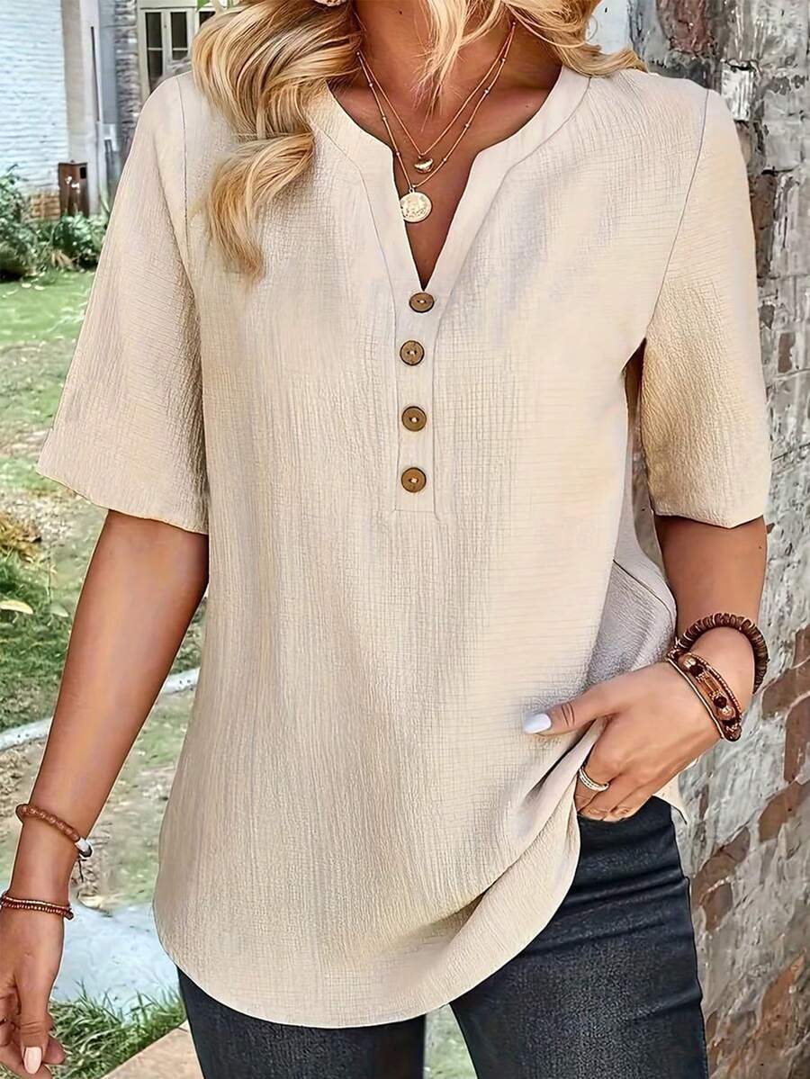 Women's Vacation Casual Solid Color Blouse - Khaki - View 1