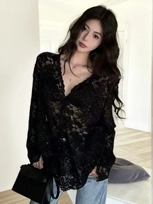 Sexy V-Neck Black Lace Blouse, Lightweight Cardigan Sheer Design Long Sleeve Top For Spring/Summer - Black - View 1