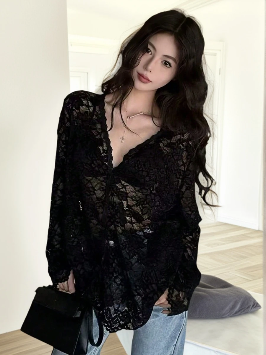 Sexy V-Neck Black Lace Blouse, Lightweight Cardigan Sheer Design Long Sleeve Top For Spring/Summer - Black - View 1