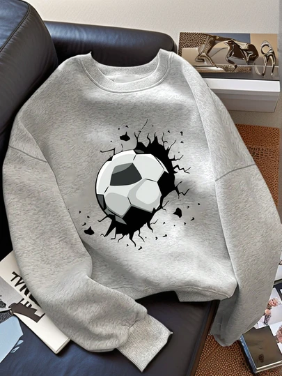 Tween Boy "Football" Print Warm Comfortable Crew Neck Sweatshirt, Suitable For Boys, One-Piece Autumn Top, Young Student Clothing