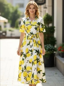 女士优雅、休闲、度假百搭柠檬印花衬衫裙，配有开衫纽扣细节和短袖