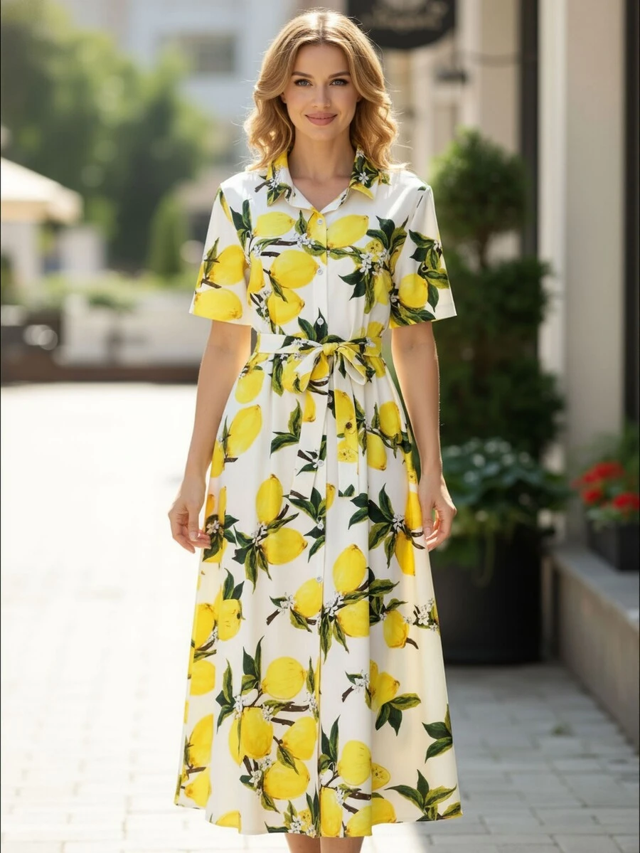 女士优雅、休闲、度假百搭柠檬印花衬衫裙，配有开衫纽扣细节和短袖