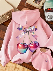 1pc Tween Girl Thermal Lined Hooded Sweatshirt, Warm Winter Youth Clothing, Suitable For Children, Autumn/Winter Long Sleeve Top, Y2K/Casual/Stylish/Daily/Streetwear/Holiday/School/Girly/Cute - Pink - View 1