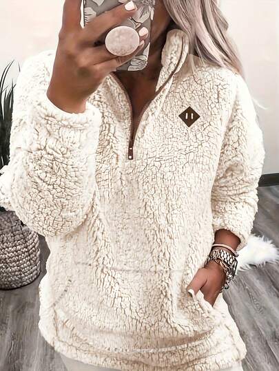 Pockettröja, Långärmad Teddy Sherpa-tröja för kvinnor, Höst/Vinter, Fleecetröja med halv dragkedja, Nytt höstmode 2025