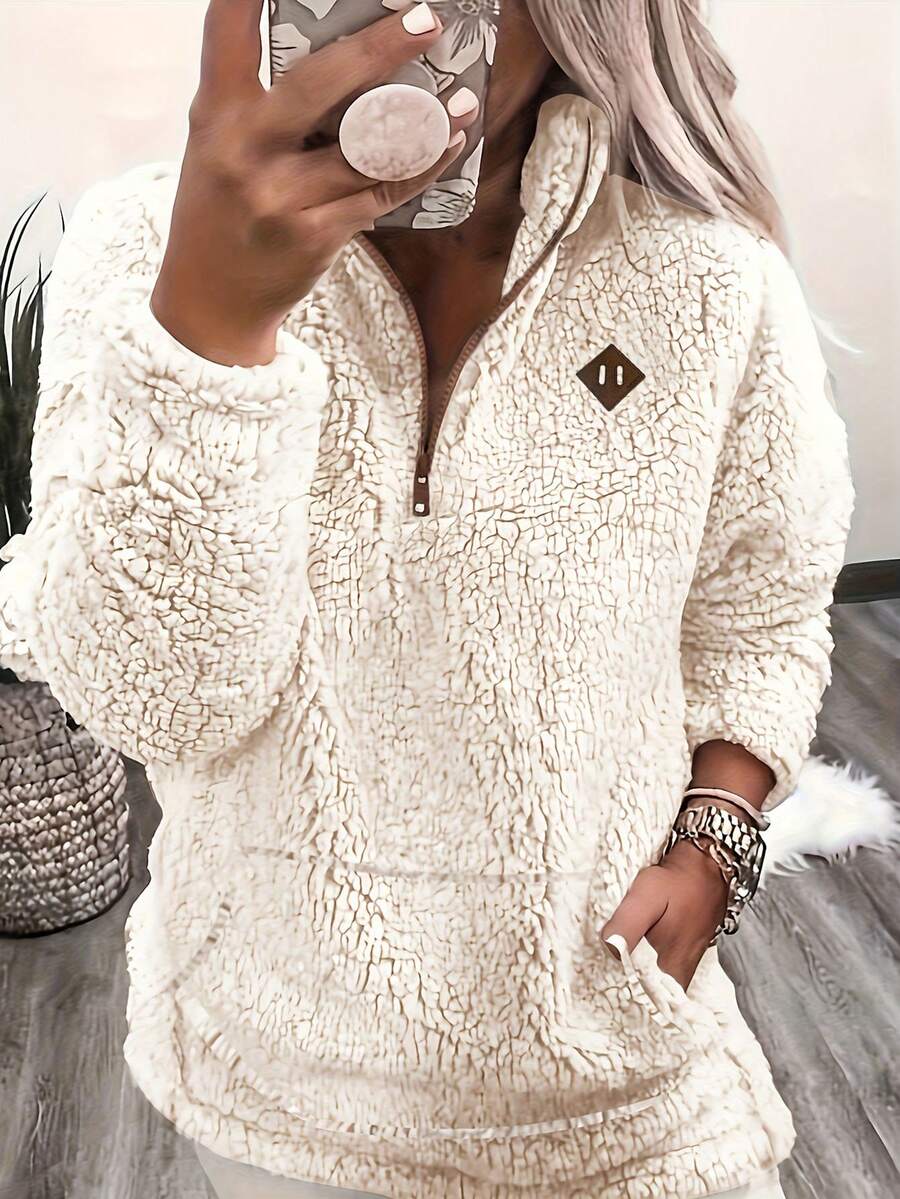 Pocket Pullover Sweatshirt, Casual Long Sleeve Teddy Sherpa Pullover For Women, Autumn/Winter, Half-Zip Fleece Sweatshirt, New Fall Fashion 2025 - White - View 1