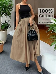 女士优雅派对约会长裙 | 黑色卡其色针织拼接A字高腰连衣裙 | 含腰带 | 适合度假及商务休闲场合 | 2026春夏 - 卡其色 - 查看 1