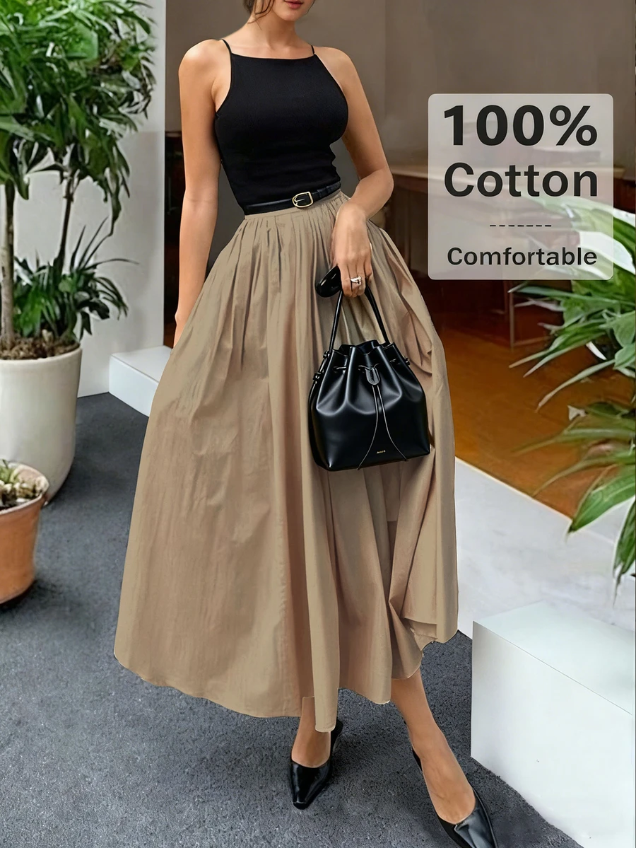 女士优雅派对约会长裙 | 黑色卡其色针织拼接A字高腰连衣裙 | 含腰带 | 适合度假及商务休闲场合 | 2026春夏 - 卡其色 - 查看 1