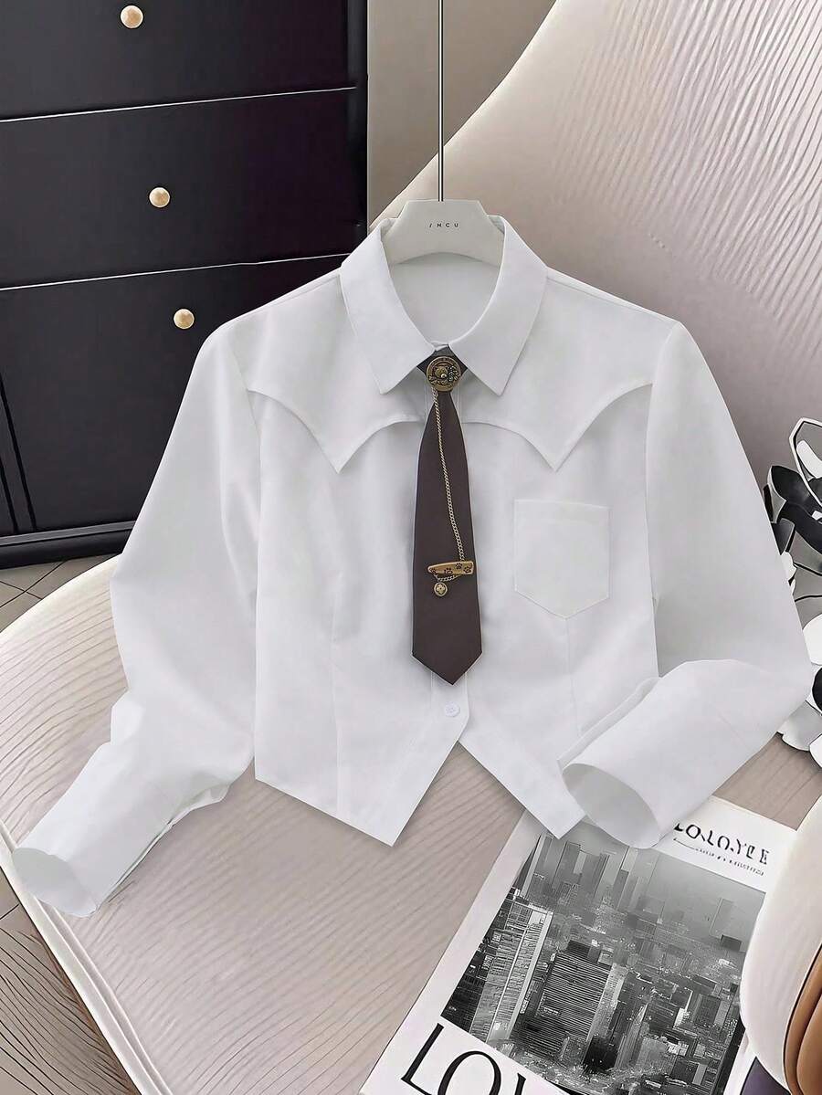 Plus Size Casual School Style White Short Shirt + Tie Set: Unique Pointed Collar, Short Cut | Paired With Decorative Tie, Exquisite And Designed | Solid Color Versatile And Elegant | Suitable For Campus, Girlfriend Dates, Art Exhibitions, Casual Outings, Retro Parties, And Light Business Occasions - 白色 - 查看 1