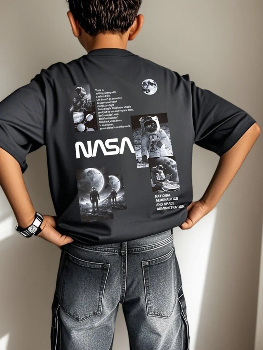 Tween Boys 1pc Space & Airplane Print Short Sleeve Crewneck T-Shirt, Summer Tops For Young Students - Dark Grey - View 1