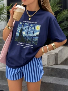 1 chiếc áo thun ngắn tay in hình ngôi sao dành cho bé gái tuổi teen, kiểu dáng thoải mái và thời trang cho mùa hè. - Màu xanh hải quân - Xem 1