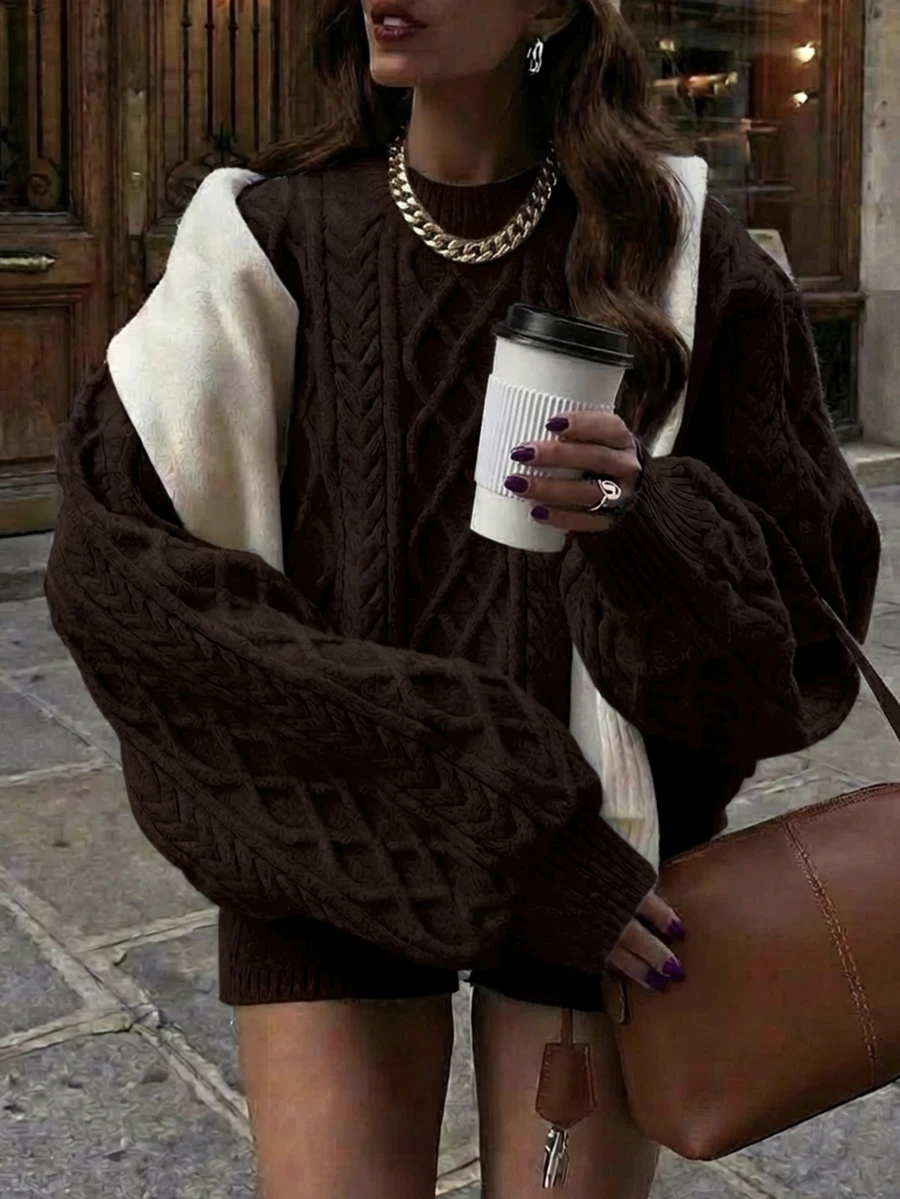 FOR BEAUTY Autumn/Winter Round Neck Thick Loose Women Sweater, New Casual Ribbed Solid Color Minimalist Pullover Sweater, Daily & Commute Knit Top, New Year - Coffee - View 1