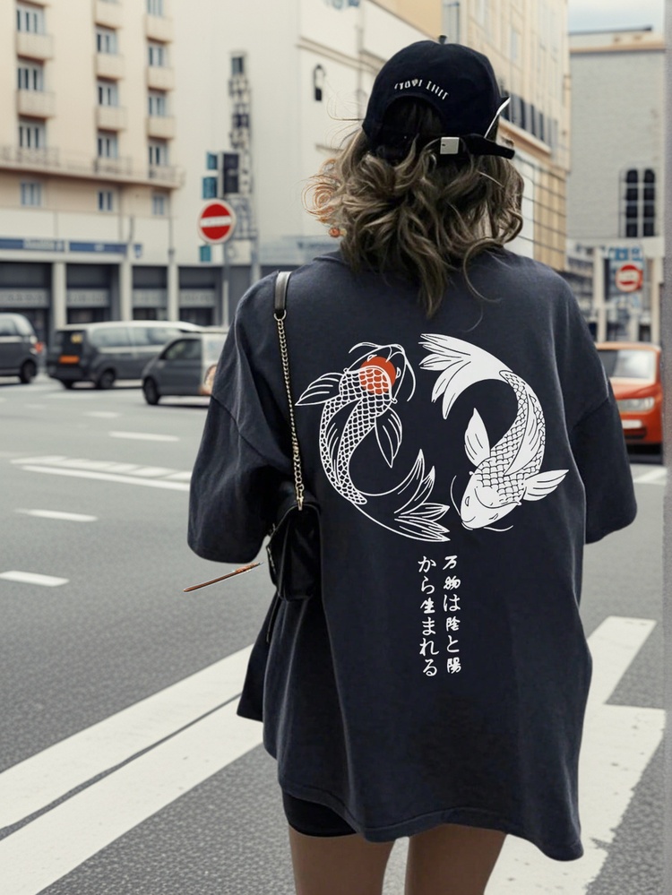 Women Casual Carp Fish Graphic Round Neck Short Sleeve T-Shirt, Fashionable & Versatile Top For Women - Dark Grey - View 1